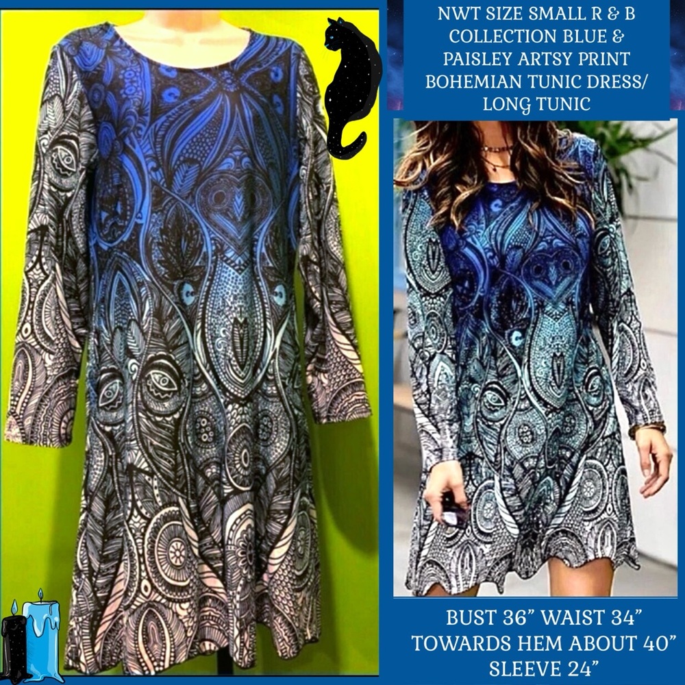 S NWT WHIMSIGOTH TUNIC DRESS/LONG TUNIC BLUE &PAISLEY ARTSY PRINT R&B COLLECTION